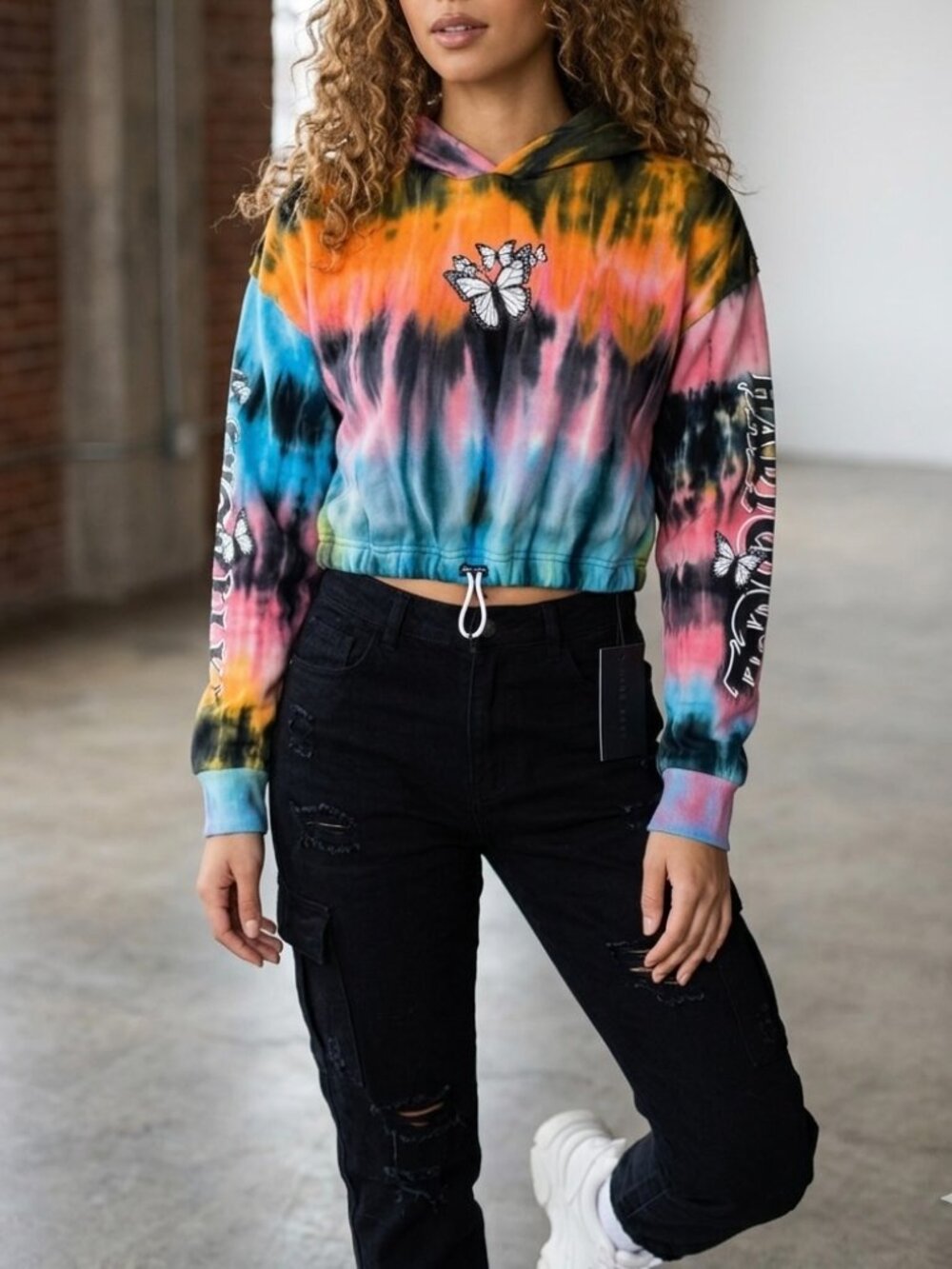 NWT Faded Rose Tie Dyed Graphic Medium Hoodie Angel Butterfly Gothic Boho